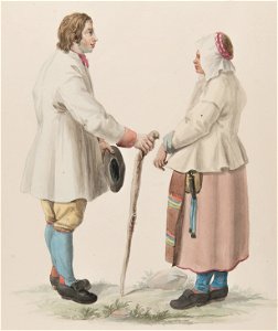 Kvinna och man med käpp. Akvarell av C.W. Swedman. Jfr Costume of Sweden Pl. 19 & 20 - Nordiska museet - NMA.0070036 (1)