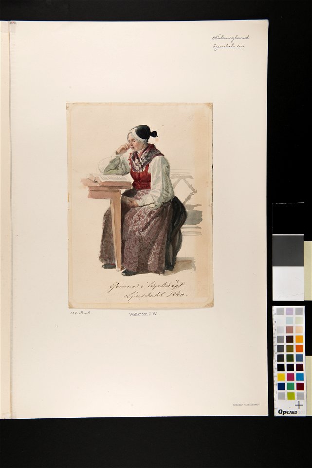 Kvinna i kyrkdräkt, Ljusdahl 1840. Akvarell av J.W Wallander - Nordiska museet - NMA.0070073 (2)