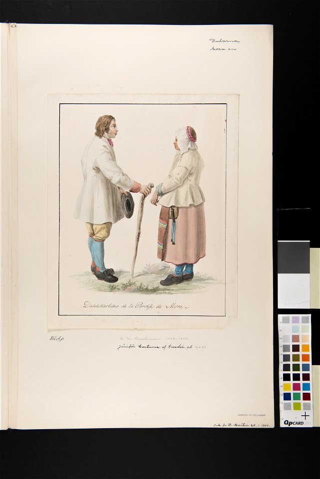 Kvinna och man med käpp. Akvarell av C.W. Swedman. Jfr Costume of Sweden Pl. 19 & 20 - Nordiska museet - NMA.0070036 (2)