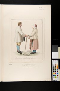 Kvinna och man med käpp. Akvarell av C.W. Swedman. Jfr Costume of Sweden Pl. 19 & 20 - Nordiska museet - NMA.0070036 (2)
