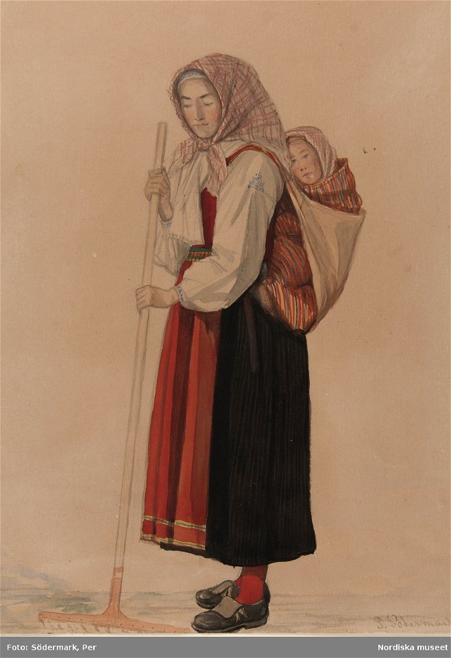 Kvinna med barn på ryggen. Akvarell av P. Södermark - Nordiska museet - NMA.0070041