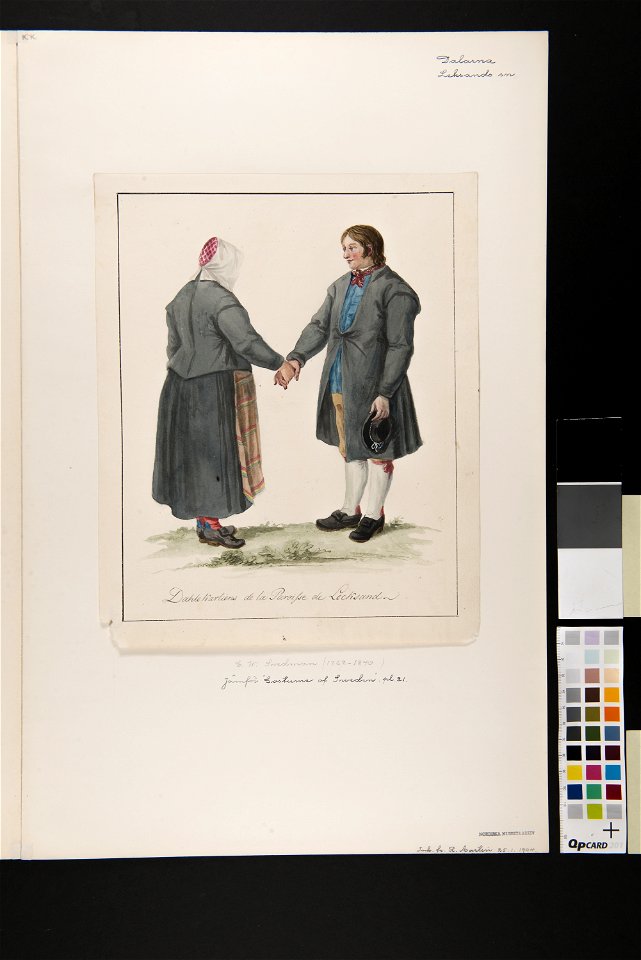 Kvinna och man. Akvarell av C.W Swedman med text. ( jmfr Costume of Sweden pl. 21 ) - Nordiska museet - NMA.0070031 (2)