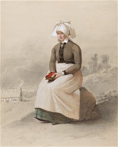 Kvinna i dräkt, sittande i helfigur. Akvarell i storformat av Otto Wallgren - Nordiska museet - NMA.0070094 (1)