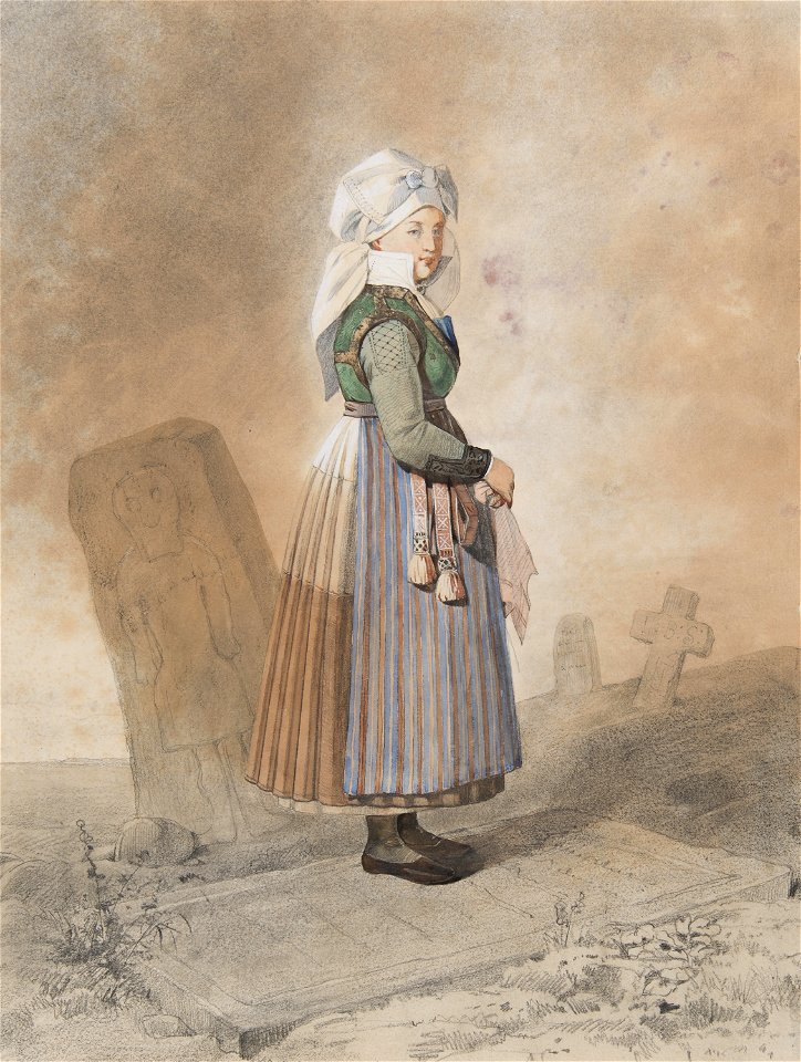Kvinna i dräkt på kyrkogård, 1800-talets första hälft. Akvarell i storformat av Otto Wallgren - Nordiska museet - NMA.0070087 (1)
