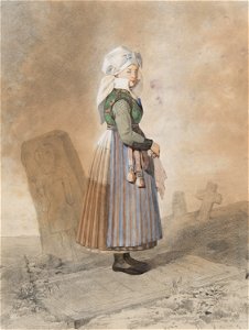 Kvinna i dräkt på kyrkogård, 1800-talets första hälft. Akvarell i storformat av Otto Wallgren - Nordiska museet - NMA.0070087 (1)