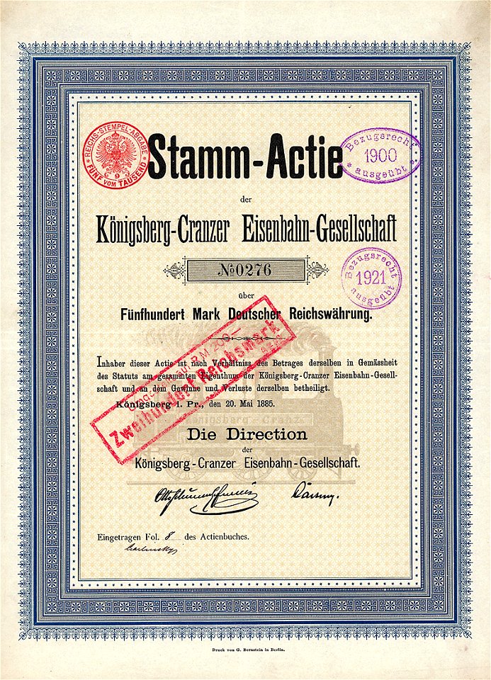 Königsberg-Cranzer Eisenbahn 500 Mk 1885