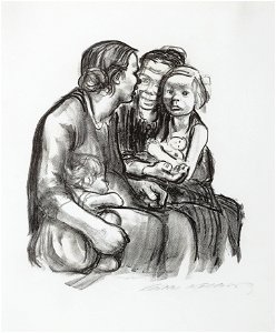 Käthe Kollwitz Zwei schwatzende Frauen mit zwei Kindern 1930. Free illustration for personal and commercial use.