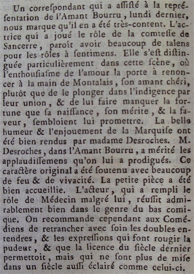 L'Amant bourru Le Médecin malgré lui Gazette de Jersey 1788