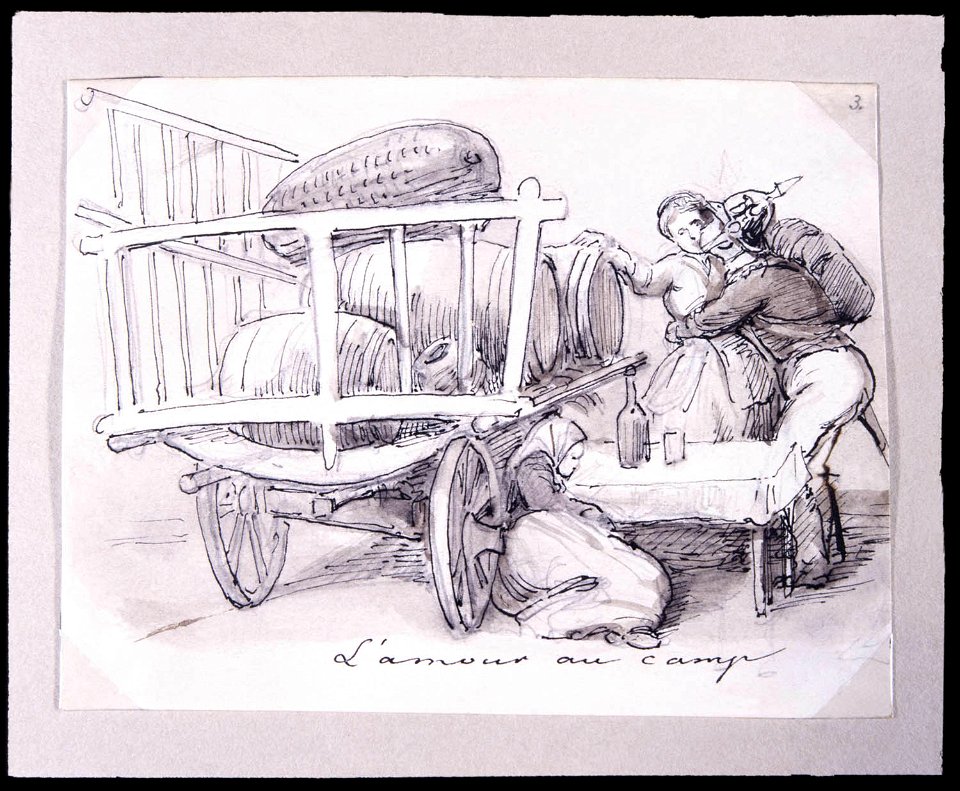 L'amour au camp. En soldat kysser en kvinna. Fritz von Dardel - Nordiska Museet - NMA.0043705