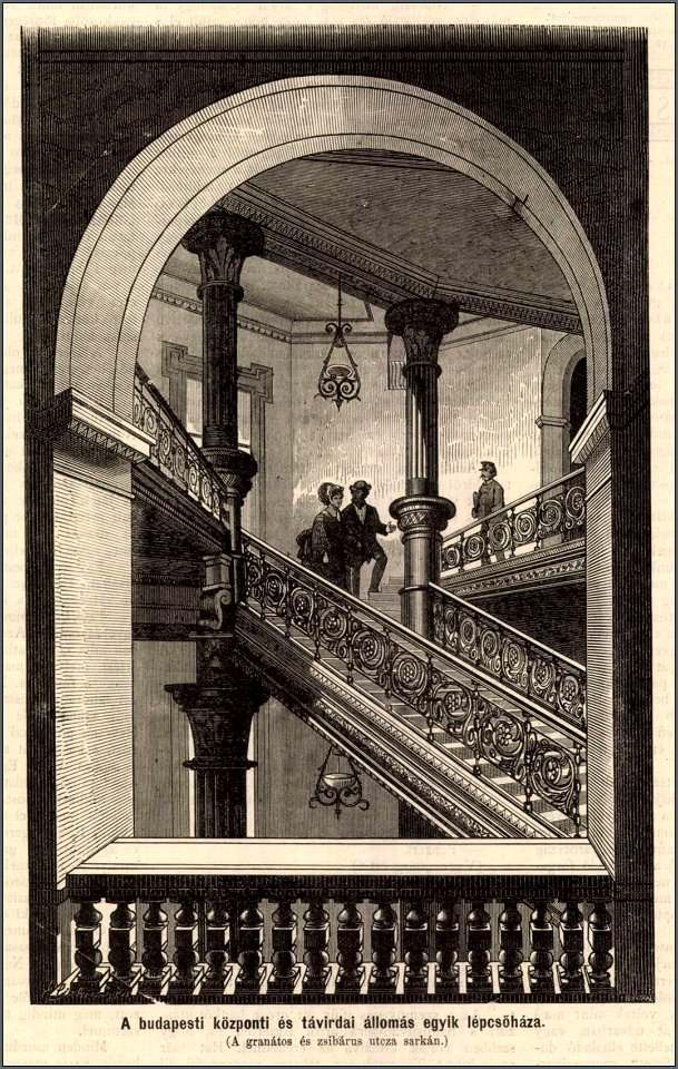 Központi távirdai állomás lépcsőháza, Budapest. Mo. és a Nagyvilág, 1874