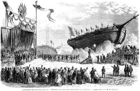 L'Illustration 1862 gravure Lancement de l'Erymanthe le 17 février 1862 dans les chantiers de La Ciotat