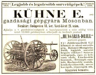 Kühne gépgyár reklám. Vasárnapi Ujság, 1892