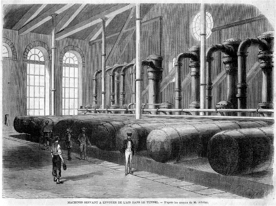 L'Illustration 1862 gravure Percement du Mont Cenis 05, Machines servant d'envoyer de l'air dans le tunnel