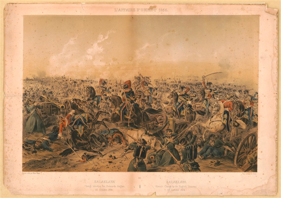 L'Affaire d'orient 1854. 20, Balaklava. Charge heroique des Hussards Anglais 25 Octobre 1854 Balaklava. Heroic charge by the English Hussars 25 October 1854 - - A.Adam ; dessine et lith. par LCCN2018645799