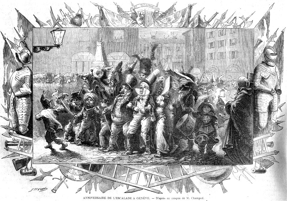 L'Illustration 1862 gravure Anniversaire de l'Escalade à Genève, 12 dec 1861