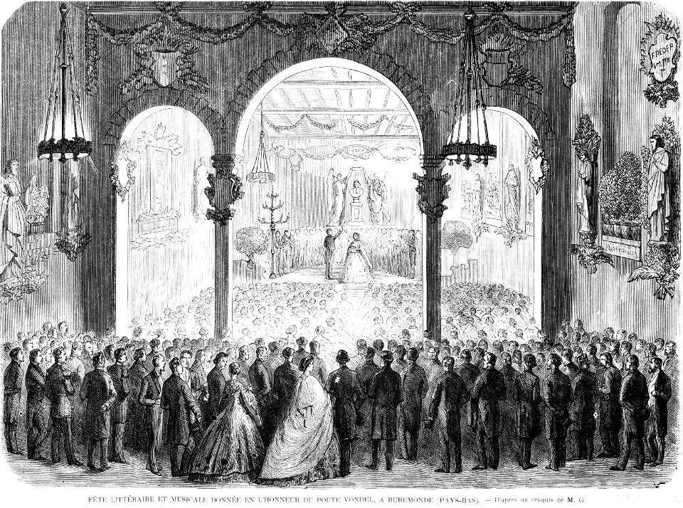 L'Illustration 1862 gravure Fête littéraire et musicale donnée en l'honneur du poète Vondel à Ruremonde (Pays-Bas)