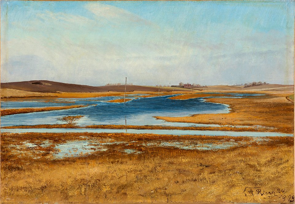 L.A. Ring, Oversvoemmet eng. I baggrunden bakker. Solskin. Naestvedegnen,1893, 395, Ordrupgaard