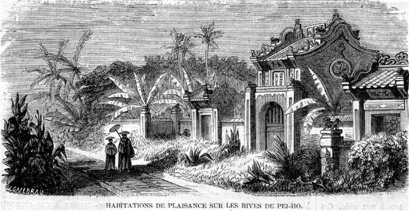 L'Illustration 1862 gravure Habitations de plaisance sur la rivière de Pei-Ho