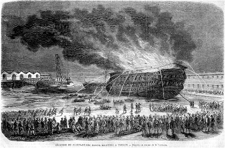 L'Illustration 1862 gravure Incendie du Santi-Petri, Bagne maritime de Toulon