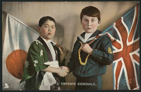 L'entente cordiale. Postcard depicting the friendship between Britain and Japan during World War I. FL10287151