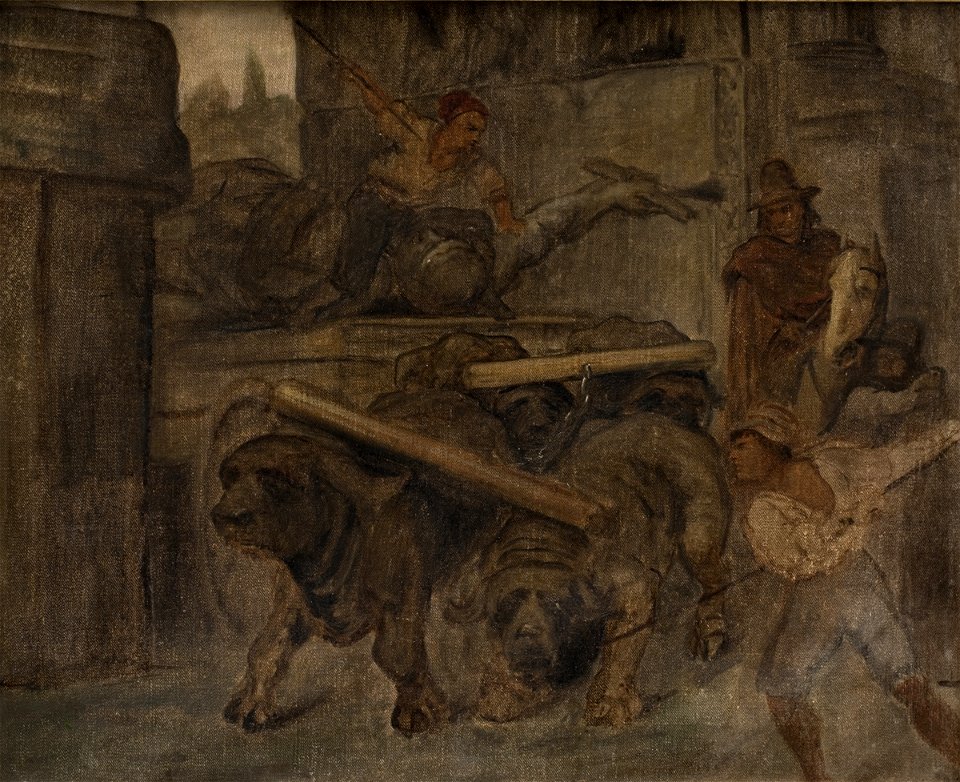 L.A. Schou - Roman Workmen Transporting an Antique Imperial Statue from the Colosseum through the Arch of Titus to the Capitoline Museums. Study - KMS8626 - Statens Museum for Kunst
