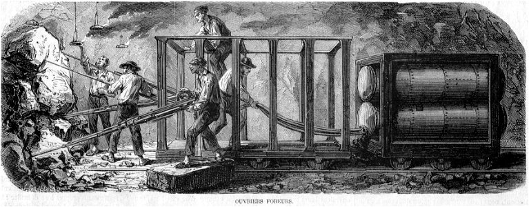 L'Illustration 1862 gravure Percement du Mont Cenis 02, ouvriers foreurs
