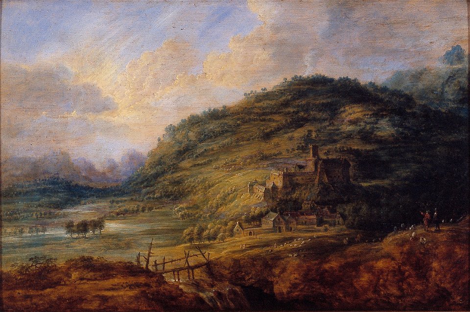 L. van Uden - Heuvelig landschap met waterval en kasteel - NK1462 - Cultural Heritage Agency of the Netherlands Art Collection