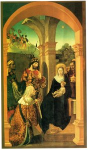 La Adoración de los Reyes Magos, de Alejo Fernández (Sacristía de los Cálices de la catedral de Sevilla). Free illustration for personal and commercial use.