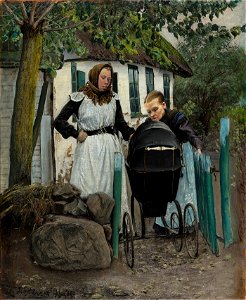 L.A. Ring, Uden for et bondehus. To kvinder med en barnevogn, 1906, 388, Ordrupgaard