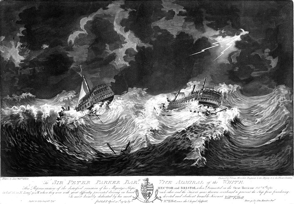 L'Ouragan de 1780 avec deux vaisseaux anglais en perdition
