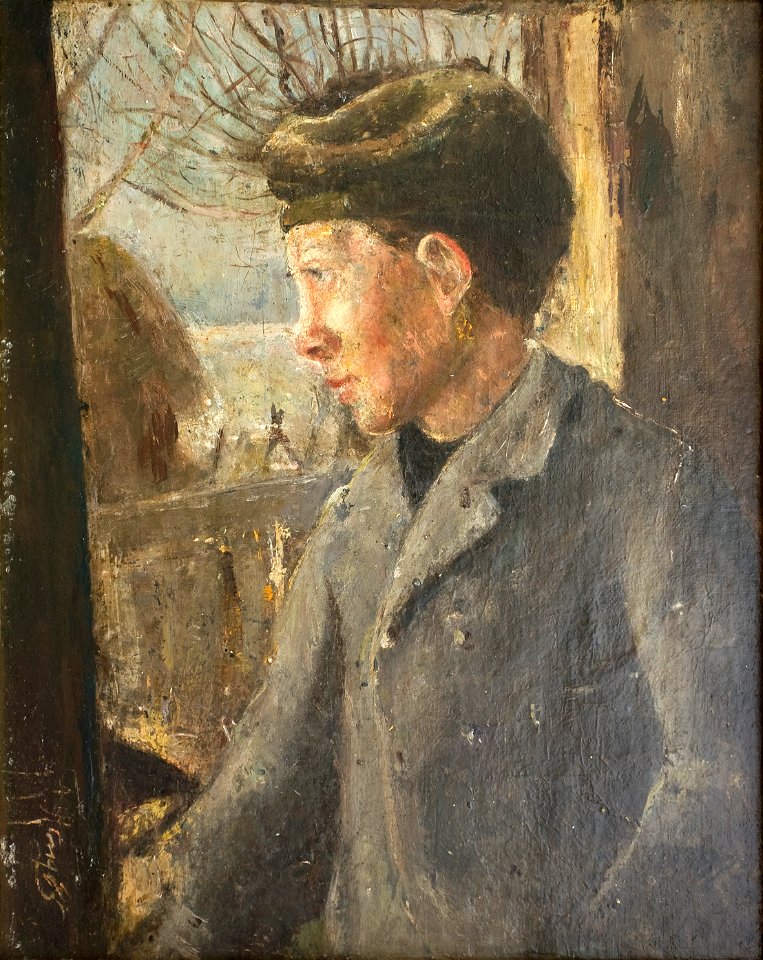 L.A. Ring, Bondeknøs kigger ud af en dør, udateret, Greve Museum