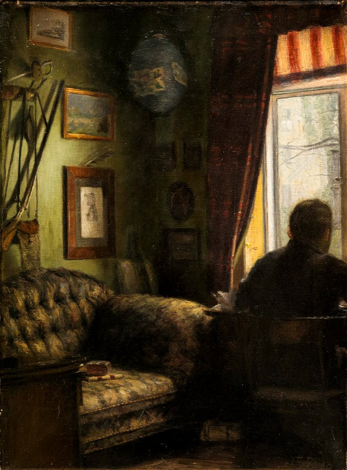 L.A. Ring, Interiør med rygvendt mand (angiveligt Brendekilde), 1881