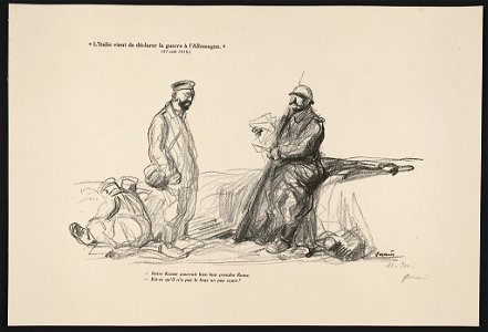 L'Italie vient de déclarer la guerre à l'Allemagne (27 août 1916) de declarer la guerre a l'Allemagne (27 aout 1916). Notre Kaiser pourrait bien leur prendre Rome - Est-ce qu'il n'a pas le LCCN2015648209