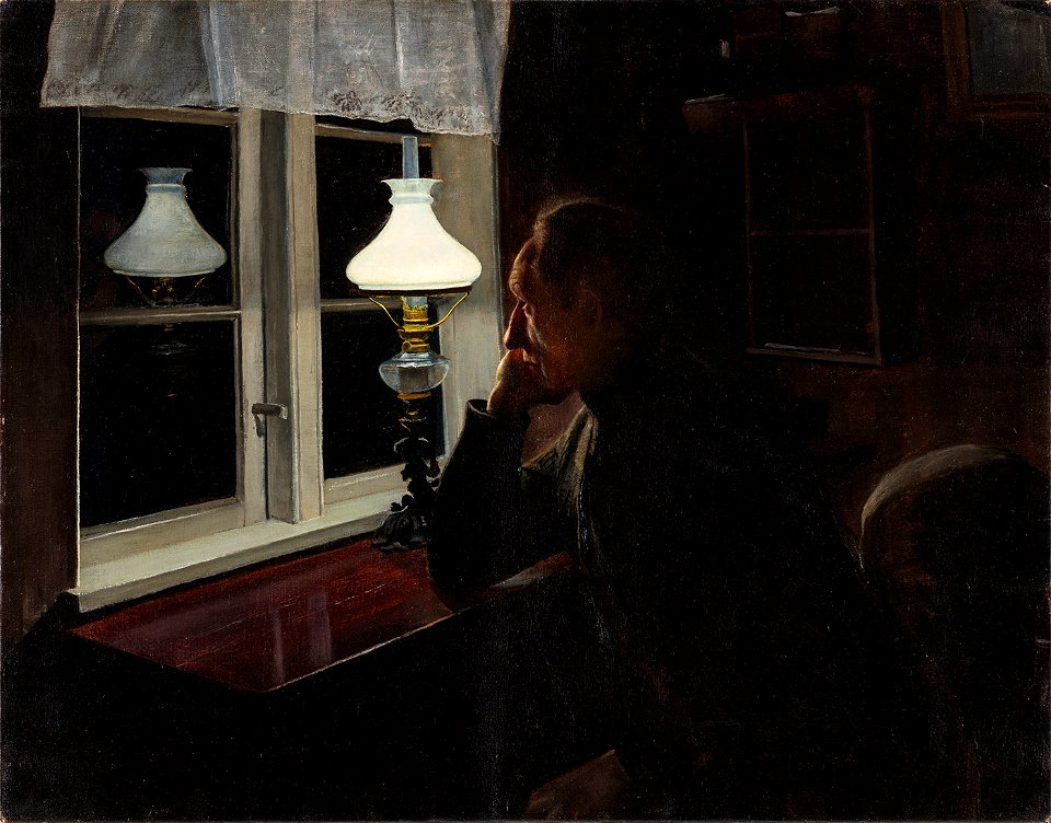 L.A. Ring, Alene. Interioer ved lampelys med en mand siddende i tanker, 1899, 384, Ordrupgaard