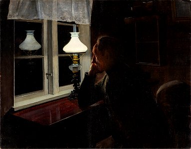 L.A. Ring, Alene. Interioer ved lampelys med en mand siddende i tanker, 1899, 384, Ordrupgaard
