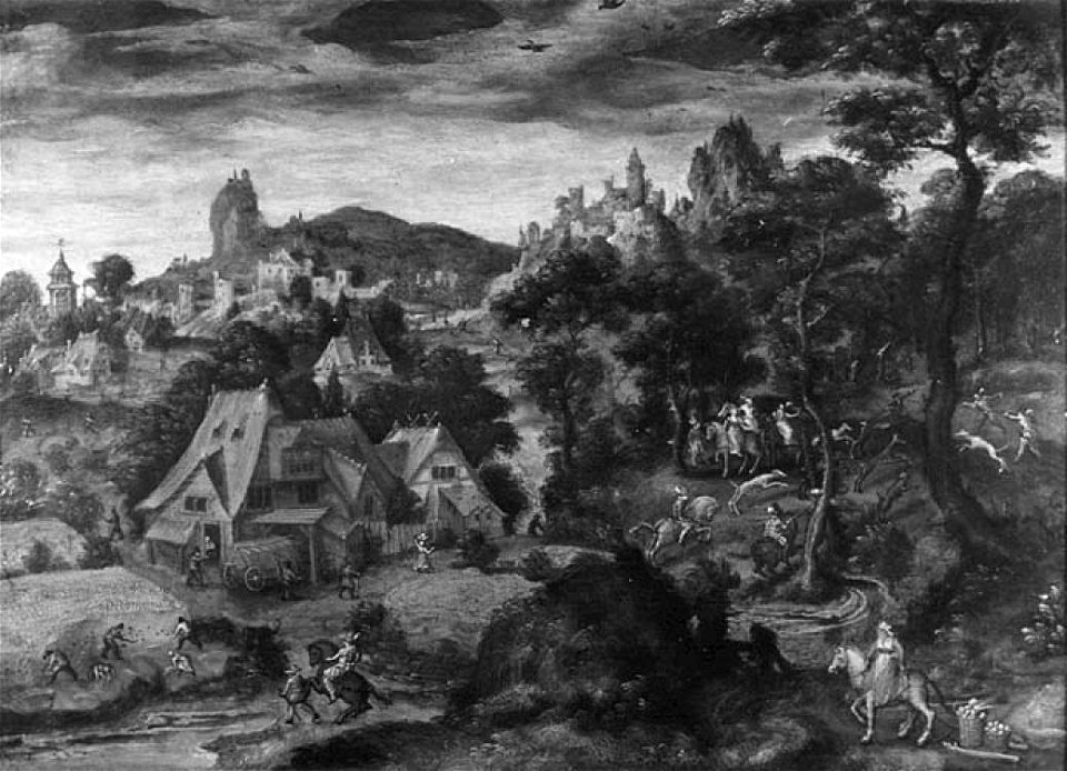L. Gassel - Heuvelachtig landschap met dorp, werkende boeren en jachtgezelschap - NK2647 - Cultural Heritage Agency of the Netherlands Art Collection