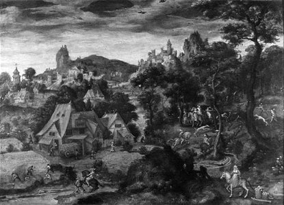 L. Gassel - Heuvelachtig landschap met dorp, werkende boeren en jachtgezelschap - NK2647 - Cultural Heritage Agency of the Netherlands Art Collection