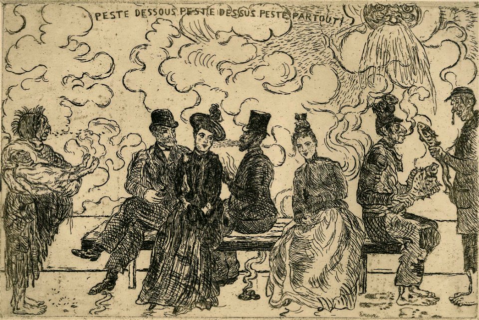 James Ensor, Plague Below, Plague Above, Plague Everywhere (1904) etching, 19.7 x 29.8 cm., Plantin-Moretus Museum, Antwerp