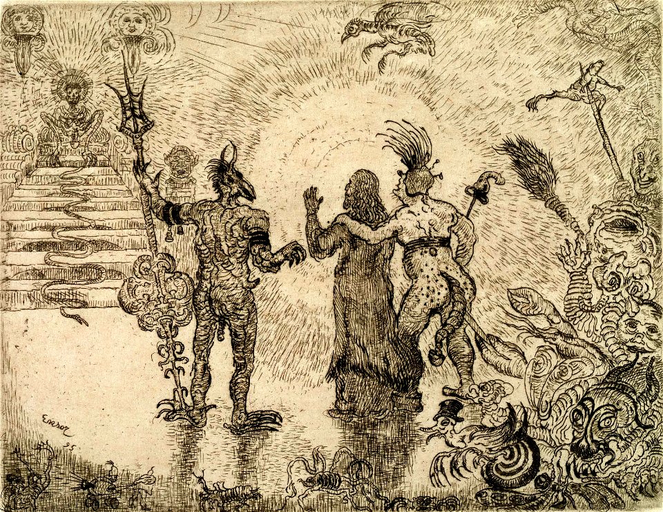 James Ensor, The Devils Dzitts and Hihanox Lead Christ into Hell (1895) 13.9 x 17.8 cm., etching and drypoint, Museum of Fine Arts, Ghent