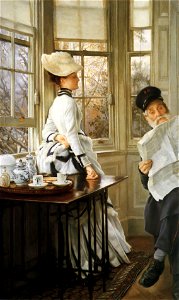 James Tissot - Reading the News. Free illustration for personal and commercial use.