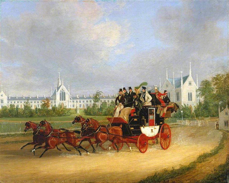 James Pollard (1792-1867) - The 'Tally-Ho' London - Birmingham Stage Coach Passing Whittington College, Highgate - T03435 - Tate