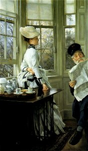 James Tissot Reading the News 1874. Free illustration for personal and commercial use.