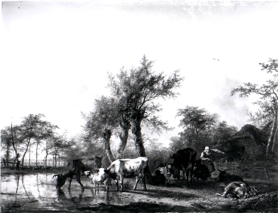 Jan (II) Kobell - Een Hollands landschap, links rundvee bij een water, rechts een boerin, bezig met melken - SA 2386 - Amsterdam Museum
