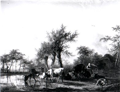 Jan (II) Kobell - Een Hollands landschap, links rundvee bij een water, rechts een boerin, bezig met melken - SA 2386 - Amsterdam Museum