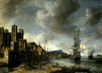 Jan Abrahamsz. Beerstraten (1622-1666) - Mediterranean Harbour Scene with the Saint Jean Cathedral at Lyons - BHC0812 - Royal Museums Greenwich