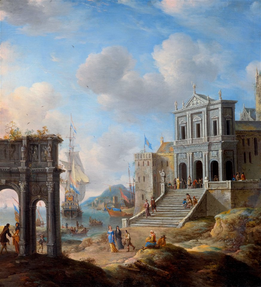 Jan Abrahamsz Beerstraten Capriccio mit Konstantinsbogen und San Gregorio Magno al Celi neben einem Hafen 1663