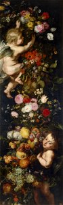 Jan Brueghel (I), Peter Paul Rubens (Workshop) and Frans Snyders - Festoon of flowers and fruits and cherubs. Free illustration for personal and commercial use.
