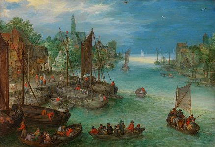 Jan Brueghel - Gezicht op een stad aan een rivier