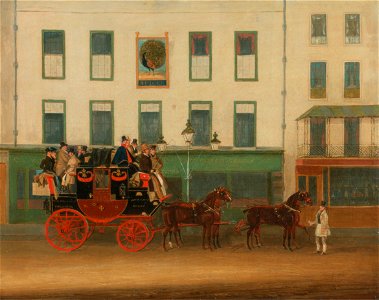 James Pollard - The London-Manchester Stage Coach, “the Peveril of the Peak,” outside the Peacock Inn, Islington - Google Art Project