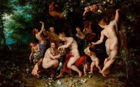 Jan Brueghel de Oude ^ Peter Paul Rubens - Nymphs Filling the Cornucopia - 234 - Mauritshuis. Free illustration for personal and commercial use.